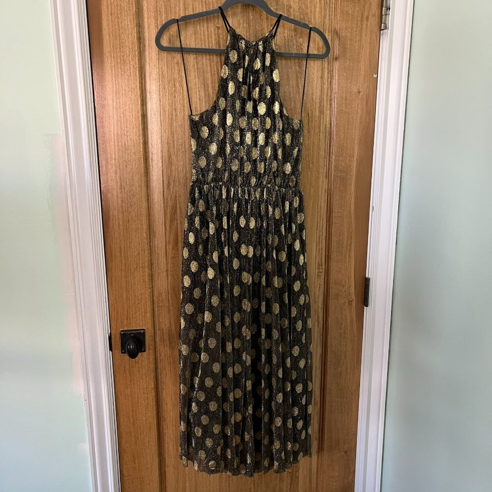 Anthropologie | Sunday in Brooklyn Black & Gold Polka-Dot Shimmer Midi Dress | S - Picture 3 of 10